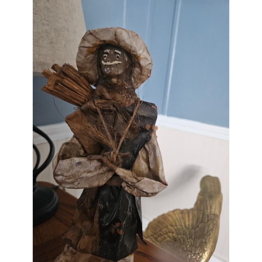Vintage Mexican Folk Art Banana Leaf Figurine Campesino Farmer with Wood Bundle